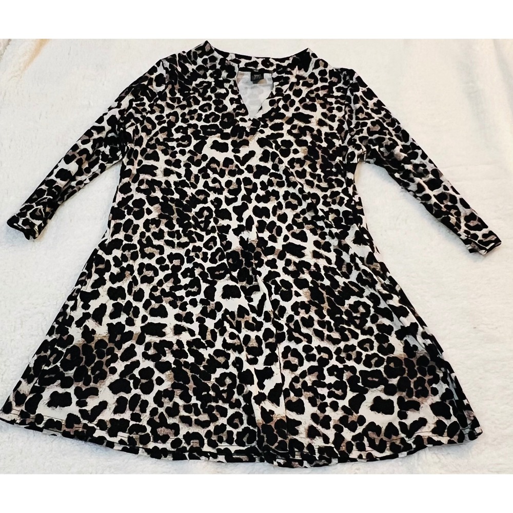 Lildy Leopard Print Band Collar Tunic Top V-Neck 3/4 Sleeve Brown Black SM